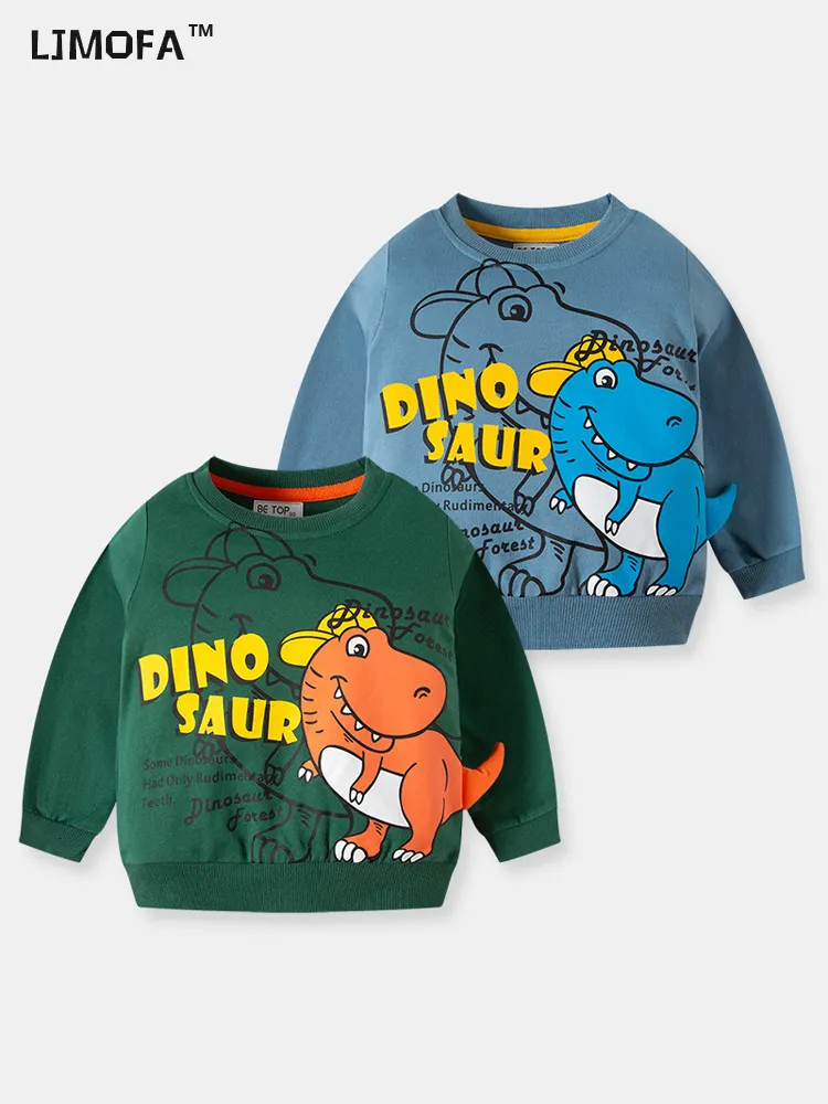 T koszule ljmofa wiosna jesienna bluzy dla dzieci z kapturem bawełniane odzież wierzchnia kreskówka dinozaury pullover maluch toddler tops D178 230627