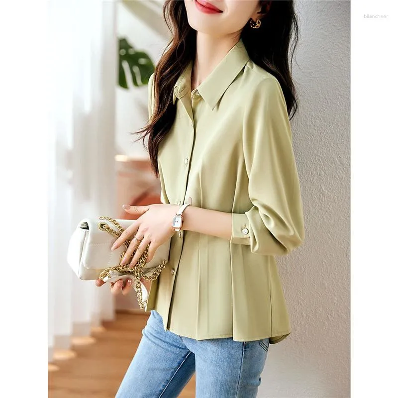 Kvinnors blusar Kvinnor Ruffled Elegant Chic Button Shirts Korean Fashion Simple Business casual office lady blue Solid Long Sleeve Tops