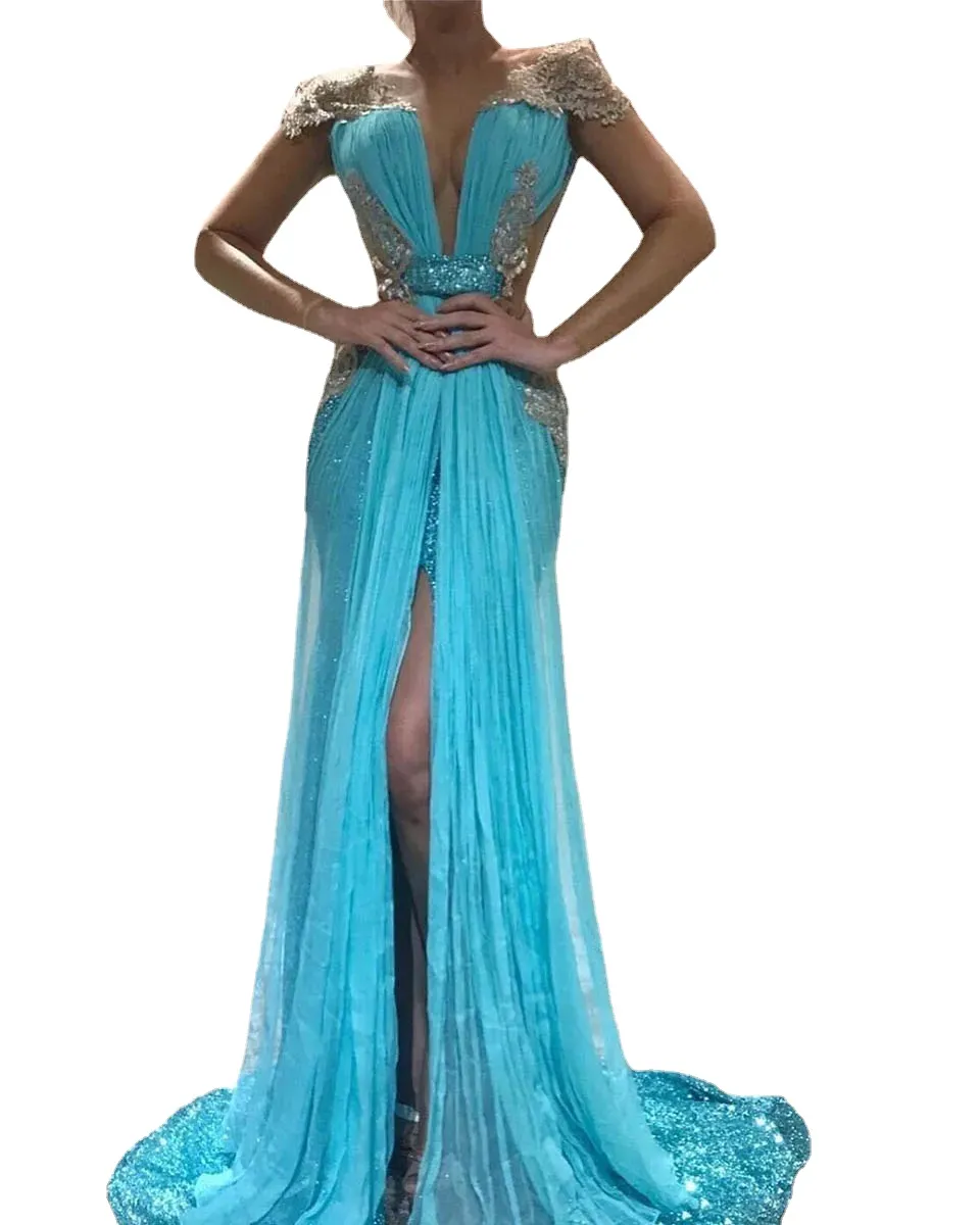 Charming Backless Empire Long Blue Sparkly Prom Dress With Cap