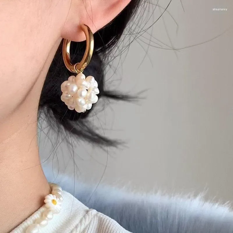 Hoop Earrings Cluster Floral Pearl Dangle Stainless Steel For Women Minimalist Elegant Handmade Jewelry Waterproof
