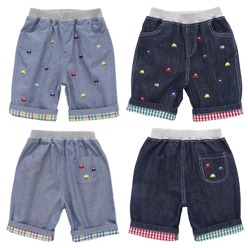 Shorts Japanese and Korean Boys' Denim Children's Cartoon Car Letter Full Embroidery Jeans Boys Clothes Pantalones 230626