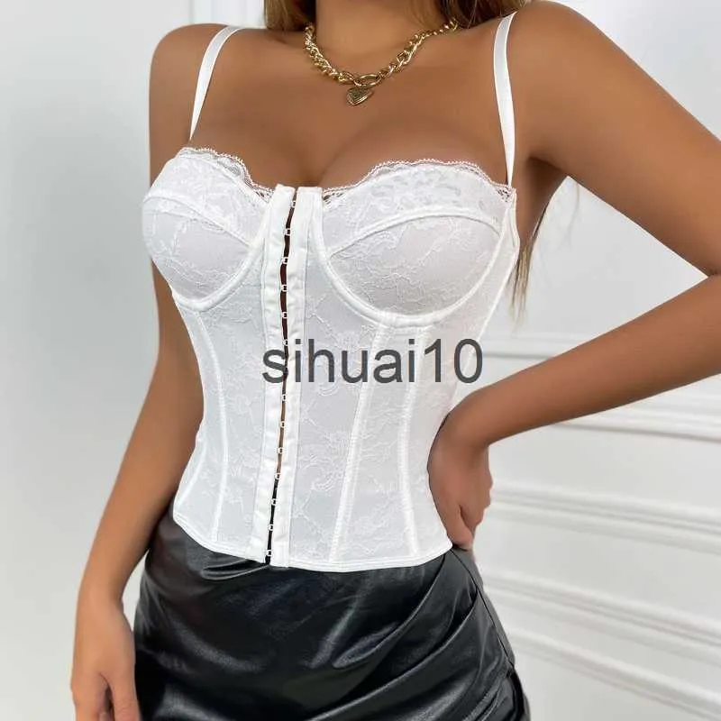 T-Shirt Femme Sexy Broderie Dentelle Femmes Camis Tops Femmes Corset Bralette Cami Boutons Avant Crop Mignon Gilet Élégant Français Chic Party Clubwear J0627