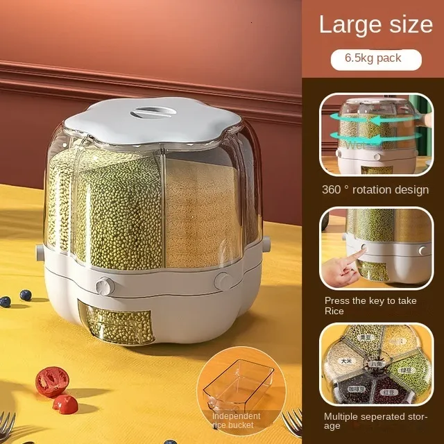 Large 360° Rotating Rice Barrels Canister Sealed Cereal Dispenser For