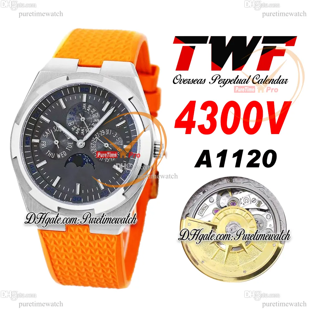 TWF Overseas Perpetual Calendar Moonphase 4300V A1120 Автоматические мужские часы Стальной корпус Серый циферблат Оранжевый каучук Super Version Reloj Hombre Edition Puretime D4