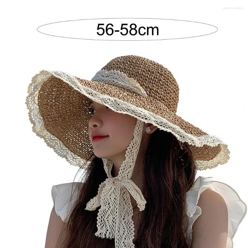 Chapeaux à large bord chapeau de paille garniture en dentelle léger Anti-UV femmes été parasol soleil Costume accessoires