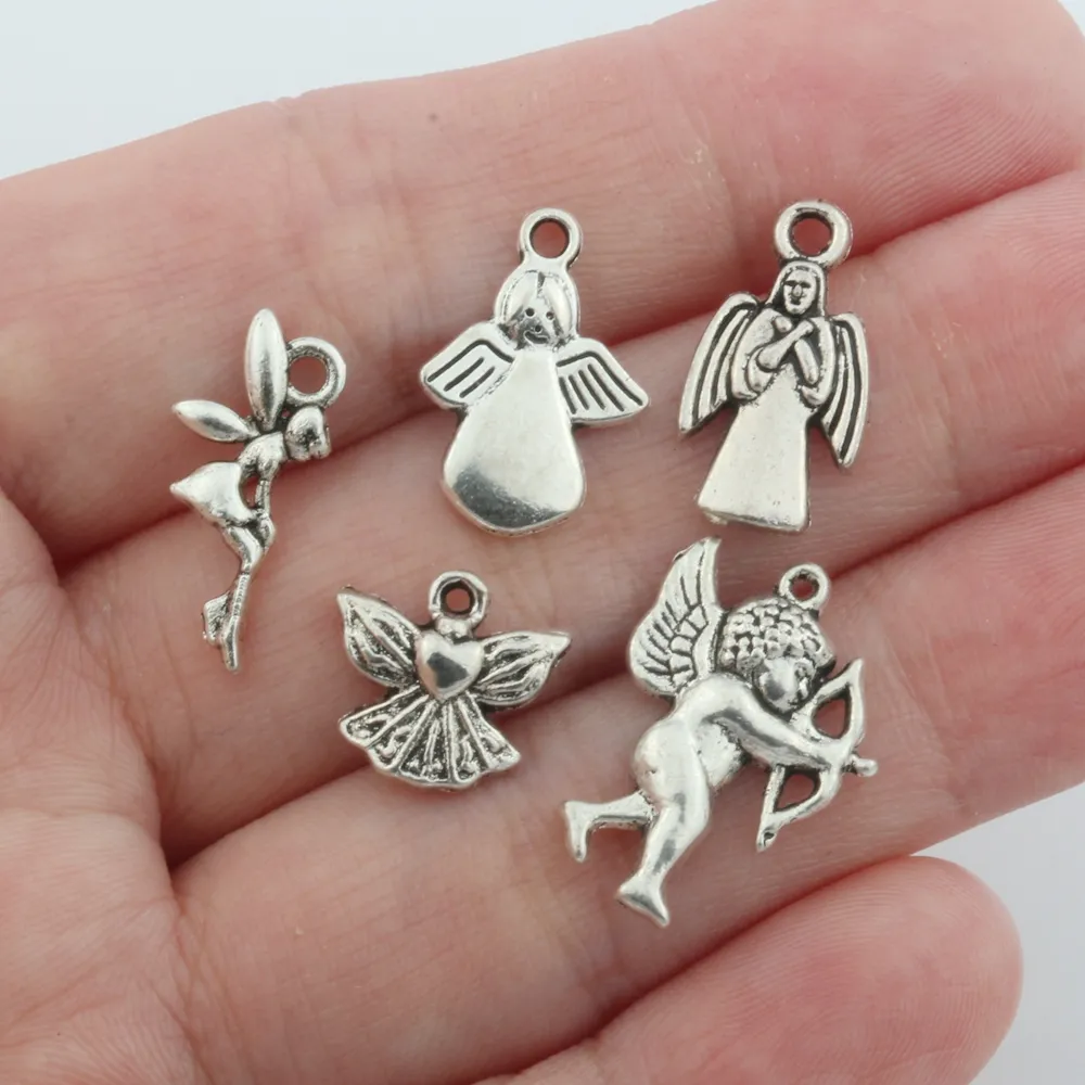 125Pcs Alloy Angel Wing Charms 5 Styles Easter Angel Charms Тибетский стиль Металлические ангельские подвески для DIY Серьги Браслет Ожерелье Ювелирные изделия, античное серебро