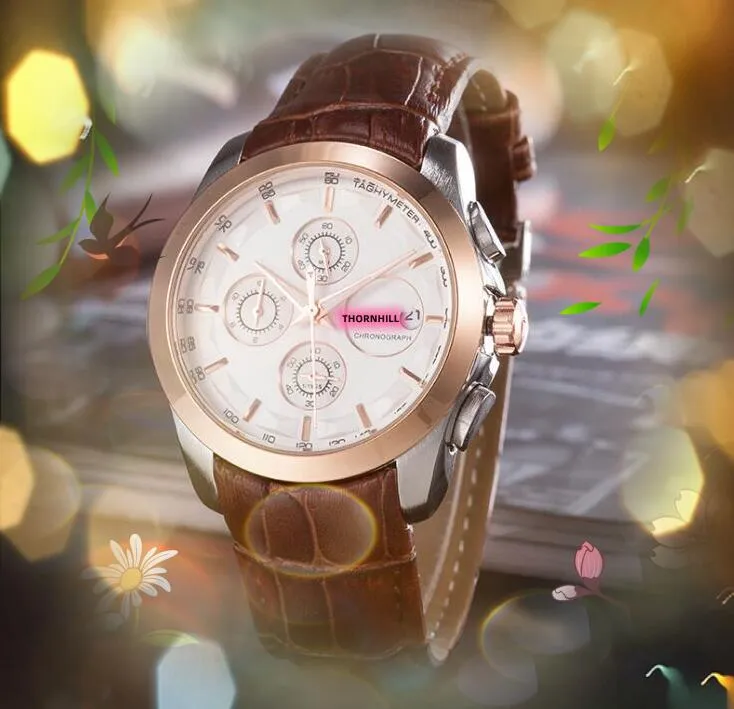 Chronomètre fonctionnel complet montre pour hommes or rose argent populaire bracelet en cuir affaires décontracté Quartz chronographe militaire Boutique montre-bracelet cadeau exquis