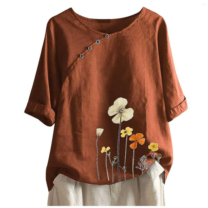 Damesblouses Vintage Blusas Vrouw Grote maten Bloemenprint Knop Halve mouw Damesblouse en tops Ronde hals Pullover Shirts Camisas