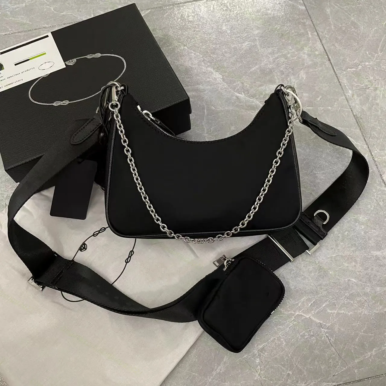 Man Womens Luxurys Designer Nylon 3pcs Shoulder Bags top quality leather hobo handbags hip-hop black Cross body bag purses chain underarm bag fashion tote clutch bags