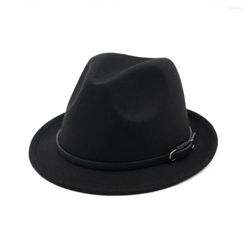 Boinas de ala corta enrollada Jazz Fedora sombrero con hebilla de cinturón negro Vintage Trilby mujeres hombres fiesta fieltro Top Casual al aire libre sol