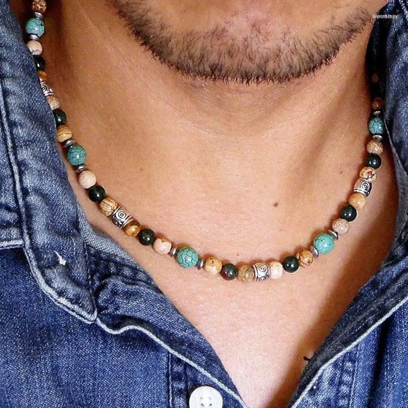 Choker Chokers Mens Necklace Blue Green Magnesite Bloodstone Picture Jasper Stone Bead Casual JewelryChokers Bloo22