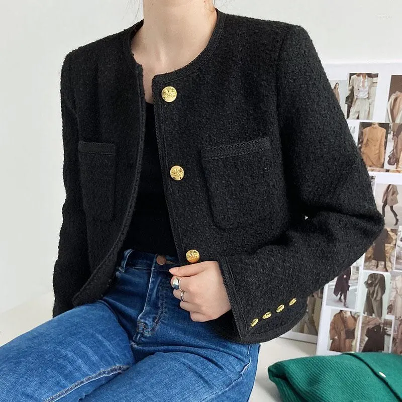 Vrouwen Jassen Elegante Vrouwen O-hals Single Breasted Korte Tweed Blazers Vrouwelijke OL Lange Mouw Zwarte Jassen 2023 Herfst Winter tops WJ25