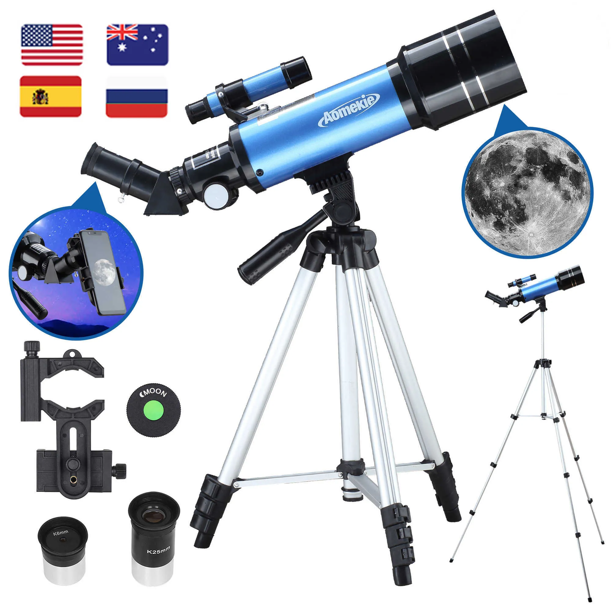 망원경 쌍안경 AOMEKIE 40070 높은 삼각대 Mobi 홀더가있는 Tescope Rractor 16X/66X Space Moon Watching Kids Beginners Gift HKD230627 용 직립 이미지