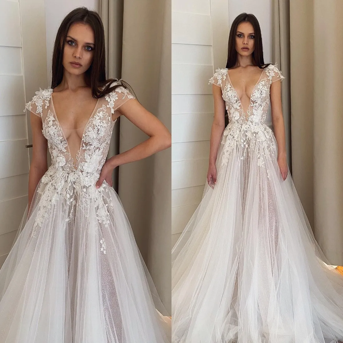 Cap Sleeves Appliques Elegant Wedding Dresses, V-neck Fancy Country Wedding Dresses Cap Sleeves Appliques Elegant Wedding Dresses, V-neck Fancy Country Wedding Dresses