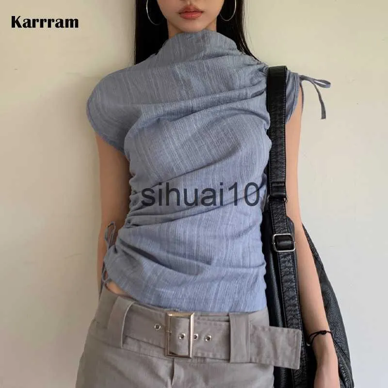 Dames T-shirt Karrram Koreaans Mode Onregelmatige Tops Grunge Slank Mouwloos T-shirt Shirring Kpop Chique Designer Kleding Vintage Streetwear Y2k J230627