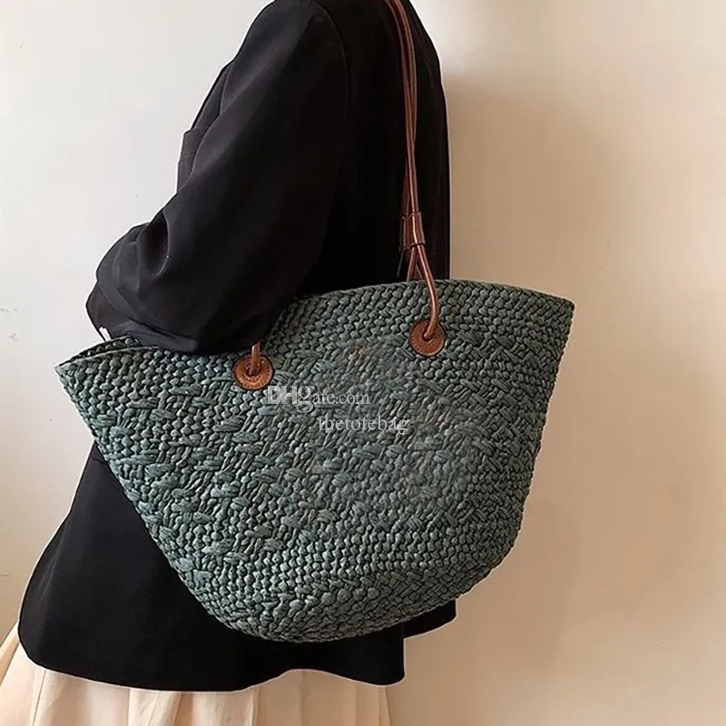 Sepet Straw Beach Bag Iraca Palm ve Deri Kat Alışveriş Sandabası 5a Tote Lüks Bayanlar Yaz Dokum Omuz Çantaları Klasik Anagram Debriyaj Çanta Tohumları