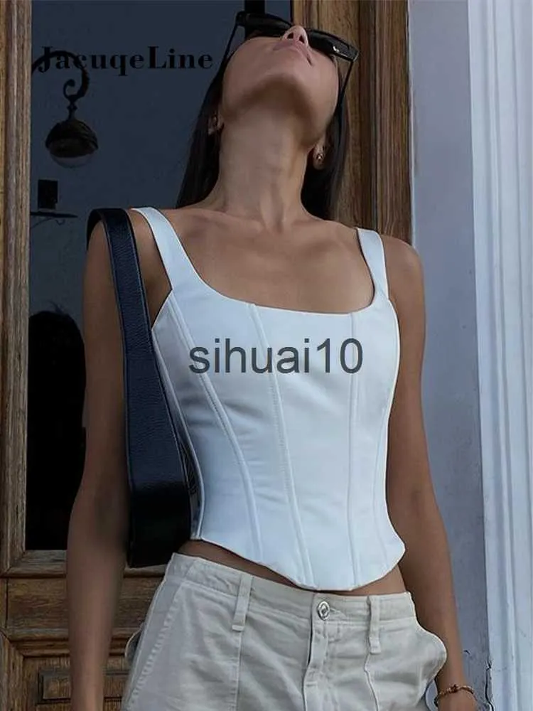 Kvinnors t-shirt Jacqueline 2023 White Backless Bandage Corset Topps Women Sexig Square Neck Satin Bustier Tank Crop Top Elegant Party Y2K Clothes J230627