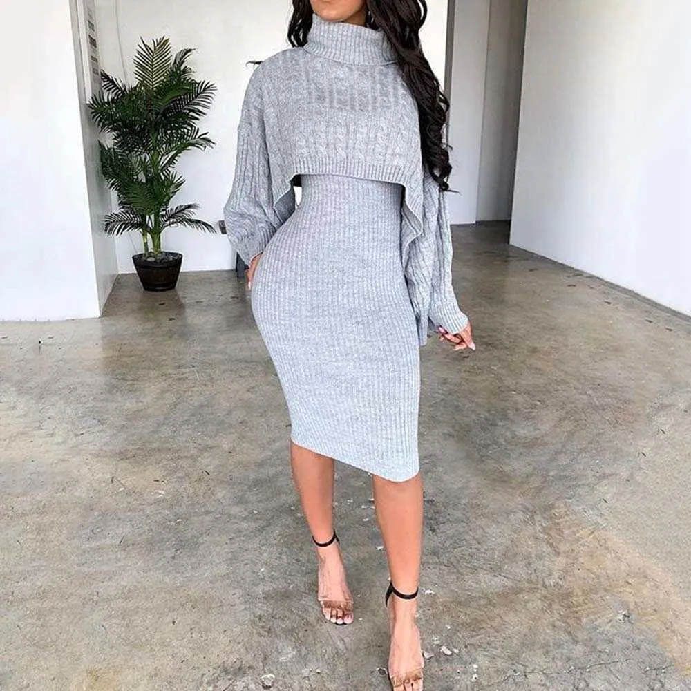 Kvinnor Vinter Turtleneck långärmad tröja klänning Fashion Autumn Warm Bodycon Plus Size Midi Sticked Dresses Two Piece Set Lady T200911