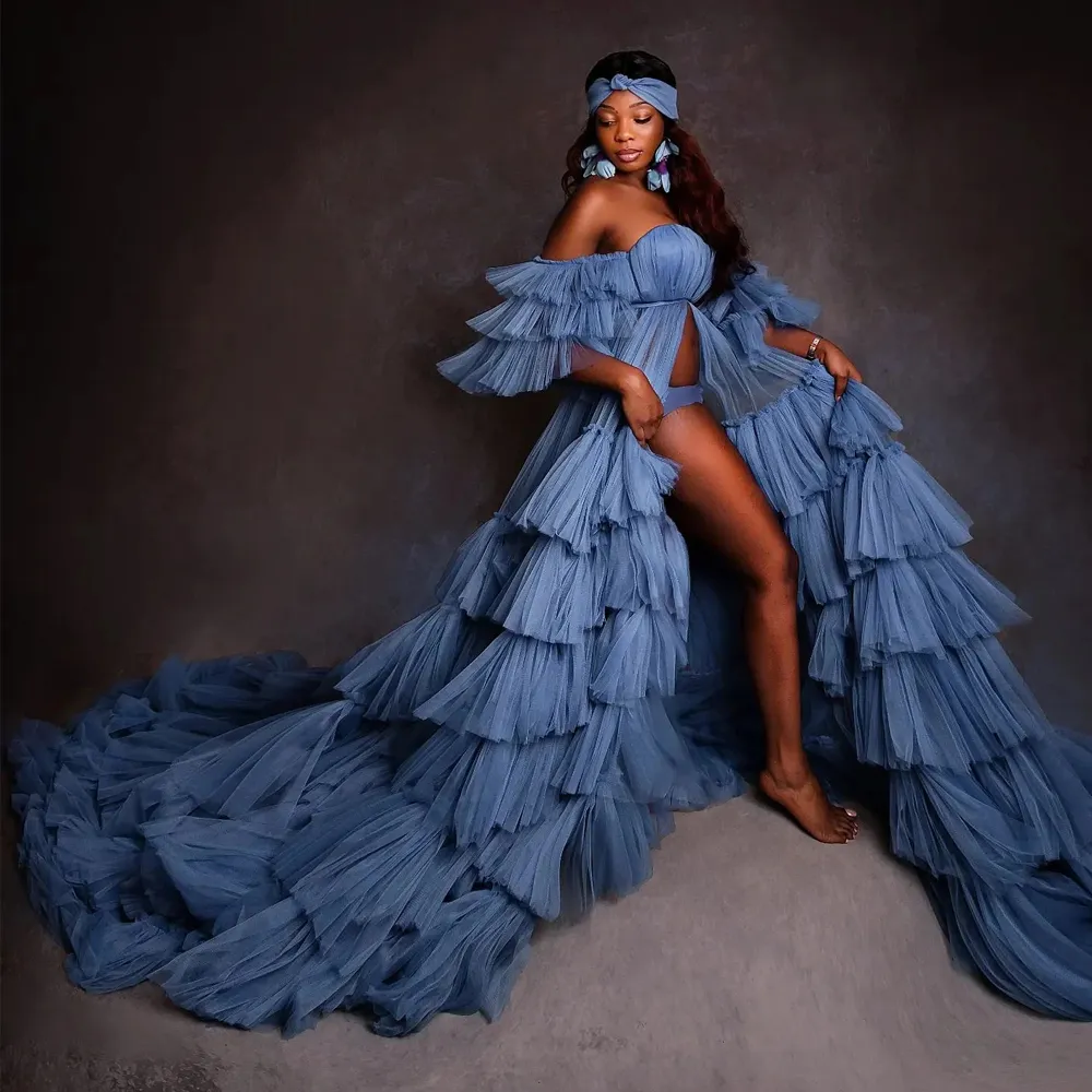 Custom-Made Fluffy Tiered Tulle Maternity Blue Gown Party Wear with Front Split and Layered Mesh Sweetheart Neckline for Pregnant Women