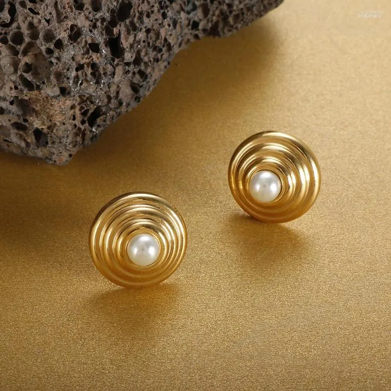 Stud Earrings Stainless Steel Gold Plated Straw Hat Shaped Pearl For Women Girl Fashion Ear Jewelry Gift