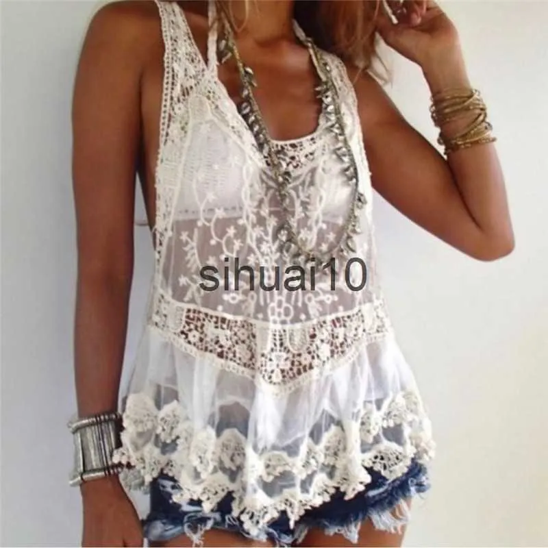 Camiseta feminina BOHO INSPIRED Regata Bohemian Crochet Lace Racerback Cover Up Cotton Blend Summer Beach Top New Tank Boho Women Tops J230627