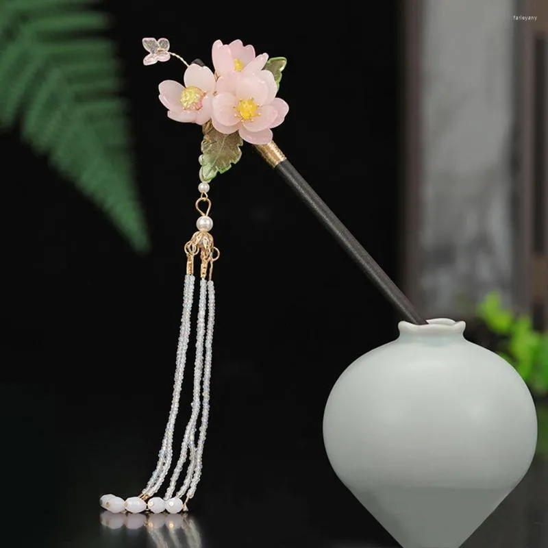 Hair Clips Black Wooden Sticks Chinese Hanfu Accessories For Women Pearl Tassel Flower Hairpin Vintage Girls Bun Chopsticks