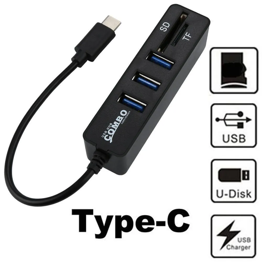 Conectores tipo C 2 em 1 OTG USB 2.0 HUB Splitter Combo 3 portas Leitor de cartão SD/TF Adaptador USB-CEthernet