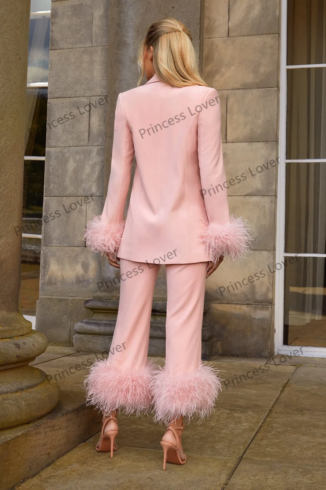 Pink Evening Dresses for Women Long Sleeve Feathers Blazer Suit Jacket Pants Set Prom Gown Casual Suits Custom Made253r