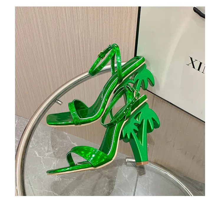 Seksowne zielone skokowe sandały w paski damskiej letnia moda na otwarte palce na wysokim obcasie sandały na wysokim obcasie.