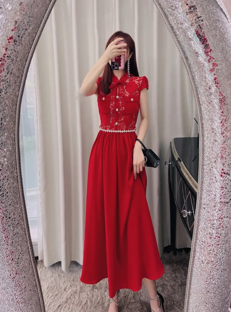 AUTHS elfe Portrait rouge traditionnel chinois mariage robe en dentelle jupe longue Chinoiserie genou longueur robe ceinture de livraison