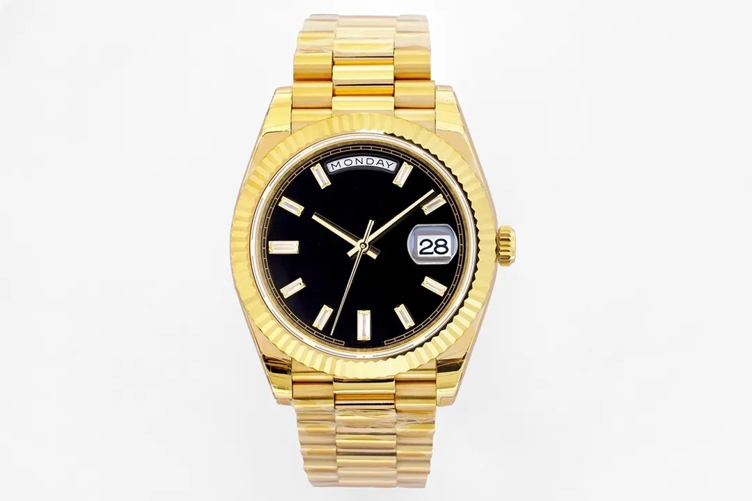 Heiße goldene neue Luxus-Herrenuhr Day Date 3255, automatisches mechanisches Uhrwerk, schwarzes Zifferblatt, Saphirglas, Durchmesser 40 mm, wasserdicht
