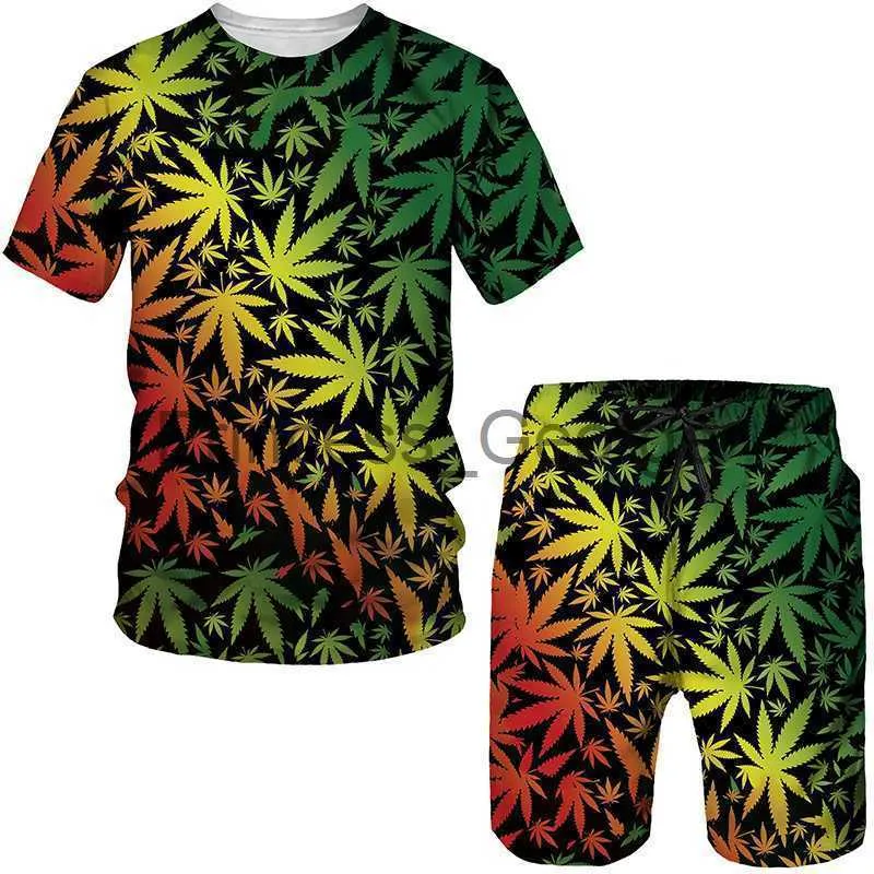 Mannen Trainingspakken Zomer 3D Plant Giftige Weed Gedrukt heren T-shirts Shors Set Mannelijke Sportkleding Trainingspak Korte Mouw Mannen Kleding Pak x0627