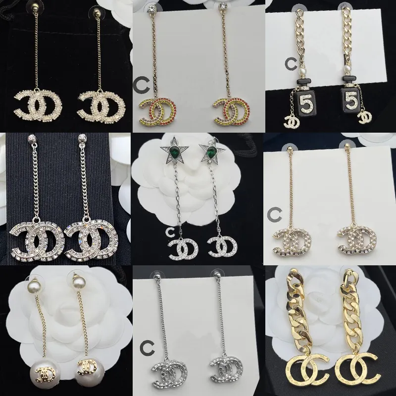 2023 klasyczny długi kryształ CC kolczyk luksusowa marka S925 srebrne kolczyki dla kobiet naturalna perła kolczyk projektant biżuterii