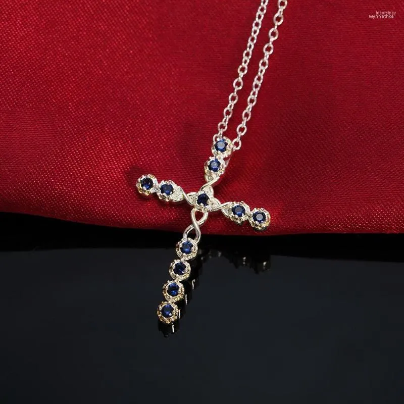 Kedjor 925 Stamped Silver Blue Crystal Cross Pendant Necklace For Women Christmas Gifts Fashion Wedding Party Fine Noble Jewelry