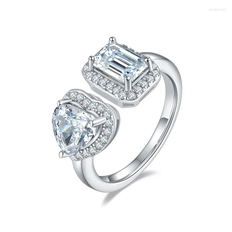 Cluster Rings Gem's Ballet Toi et Moie Ring Heart Engagement i 925 Sterling Silver High Carbon Diamond Band Emerald Cut Moissanite