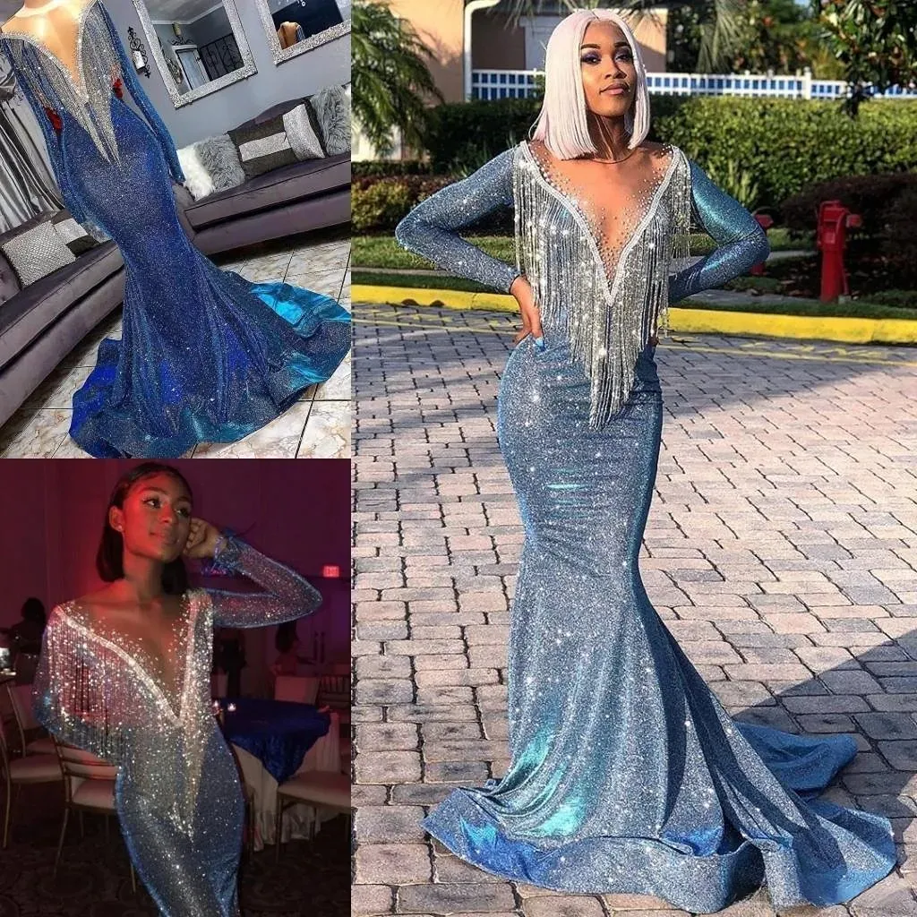 Brillo Azul Lentejuelas Sirena Vestidos De Baile Con Cuentas Cuello Escarpado Manga Larga Sirena Vestidos De Noche Con Borlas Vestidos Largos Formales Desfile De Gala De 392 75 DHgate