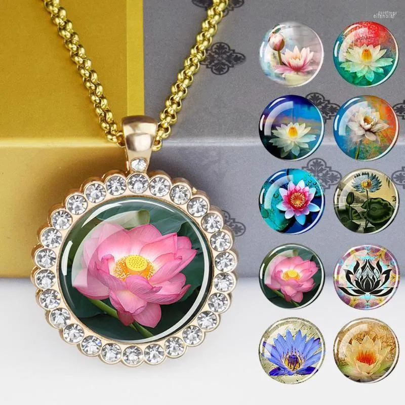 Pendant Necklaces Lotus Necklace For Women Flower Pattern Glass Cabochon Rhinestone Golden Colour Chains Fashion Jewelry Gift