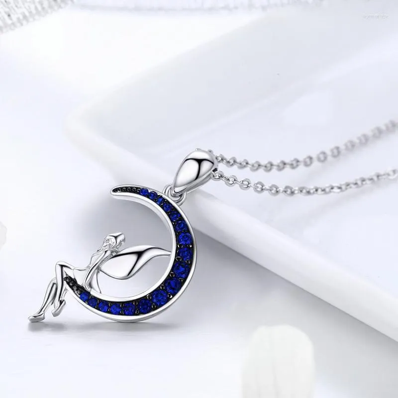 Chaînes BISAER Colliers En Argent Sterling 925 La Nuit Fée Pendentif Lune Chaîne À Maillons Originale Pour Femmes Fine Jewelry Gift ECN244