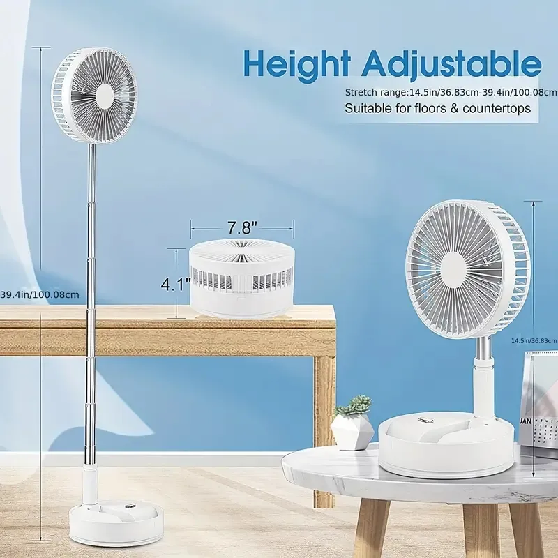 Draagbare oscillerende staande ventilator met afstandsbediening, 8 inch stille voetstukventilator, 7200mAh oplaadbare batterij USB-aangedreven vloerventilator