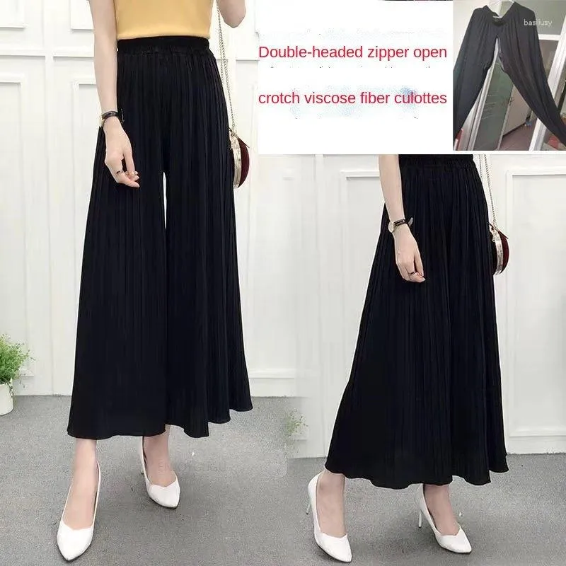 Women's Pants Summer Women's Ice Silk Double Zipper Open Crotch Wide Leg Pant Skirt Large Pleat Pee Outdoor Sex Cloth