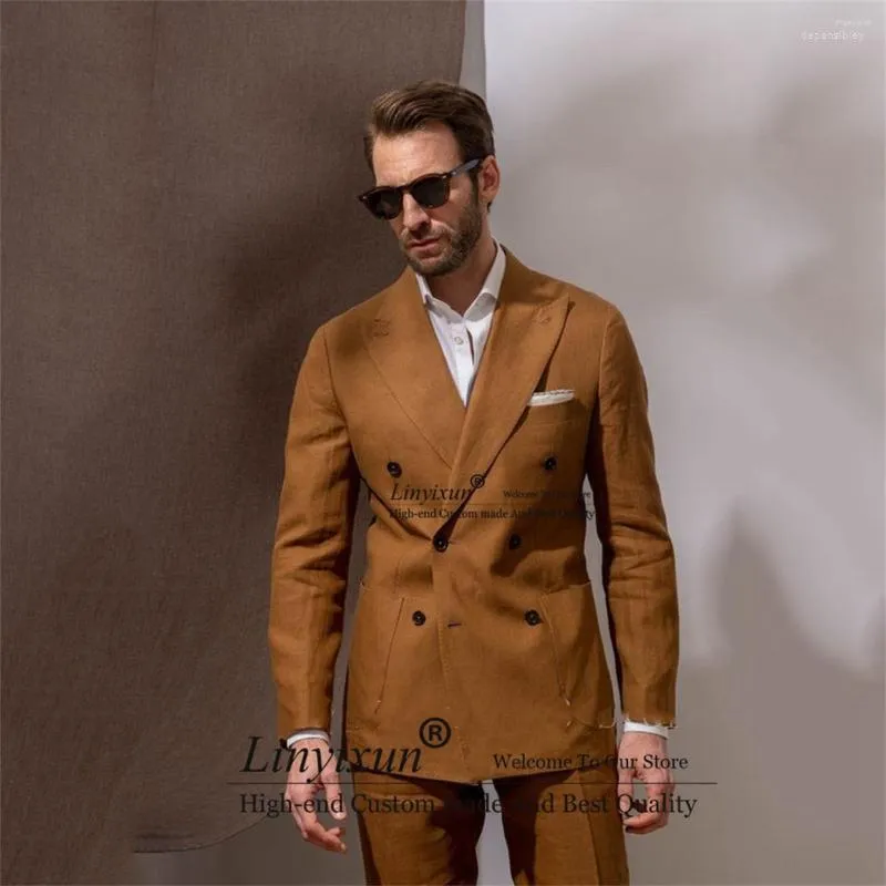Men's Suits Men's Fashion Brown Mens Double Breasted Groom Wedding Tuxedos 2 Piece Set Business Male Blazers Slim Costume Homme Jacket