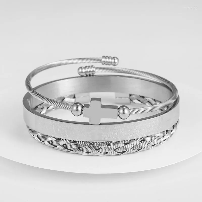 Bangle Luxury Cross rostfritt stål armband Banle Set Men smycken charm Öppna BRANGRE SKÄRNING SPANSKA SKRIFT PULSEIRA BILEKLIK