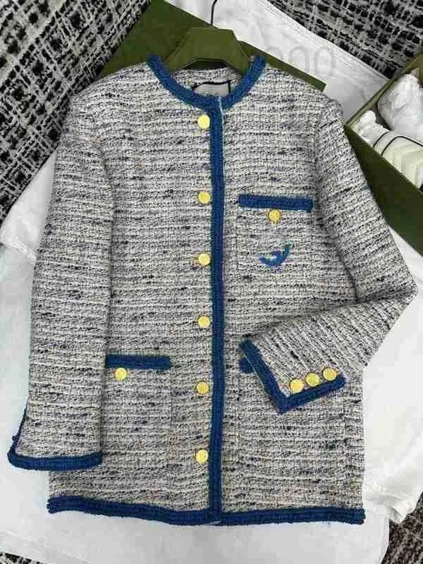 Women's Jackets designer 23 Autumn New Celebrity Style Elegant Blue Grey Mixed Color Interlocking Logo Embroidered Gold Button Tweed Coat 1MY1