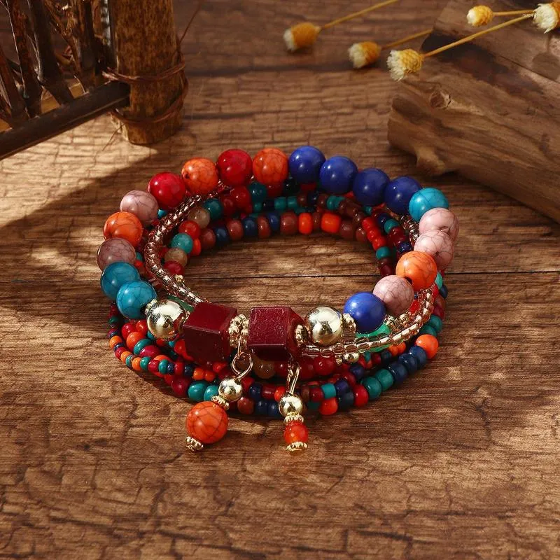 Charm Bilezikler Çok Katmanlı Boho Pembe Kristal Boncuk Kadın Kızlar Elastik Boncuklu Halat Bilezik Pulseira Feminina