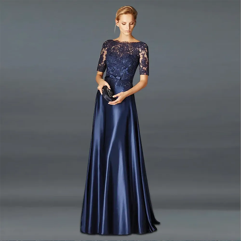 Élégant bleu marine mère de la mariée robes une ligne satin demi manches appliques longues marié marraine robes de soirée pour les robes de soirée de mariage robe soriee