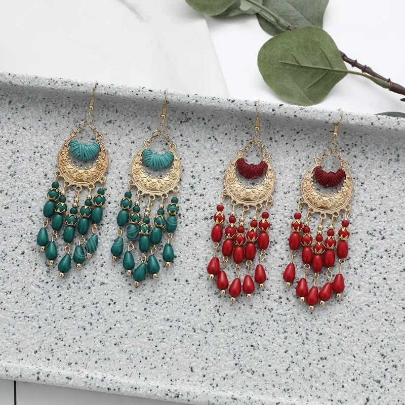 Vintage Ethnic Long Tassels Drop Earring For Women Retro Carving Seed Beads Dangle Earrings Femme Party Vacation Boho Jewlery