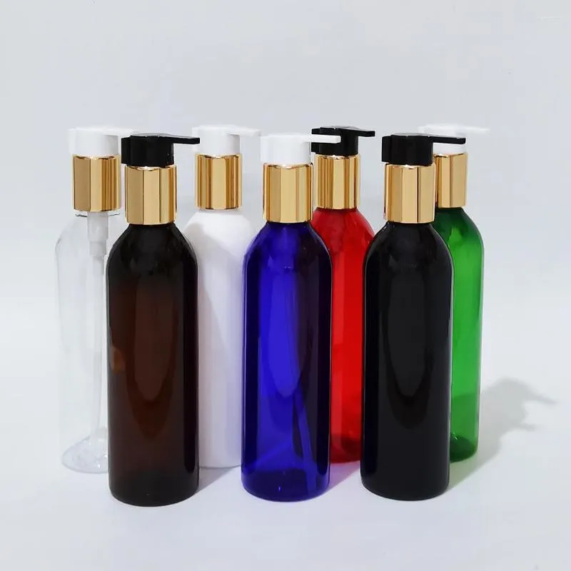 Lagerflaschen 1 Stück 250 ml Leeres PET mit goldener Lotionspumpe Klarer weißer blauer schwarzer Behälter für Flüssigseife Duschgel Kosmetikverpackung