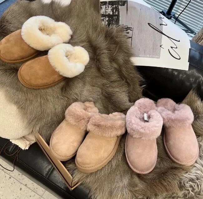 Winter Womens Genuine Leather Classic Cotton Sheepskin Slipper