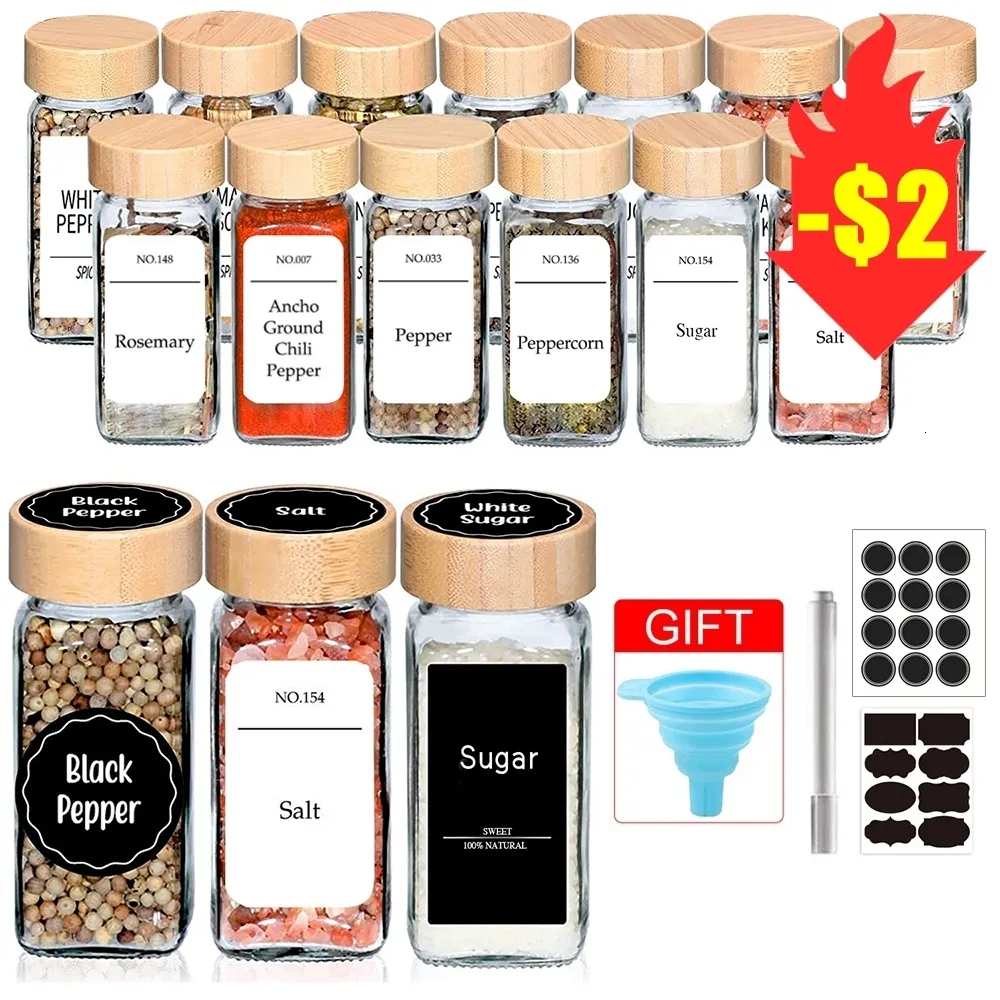 Kök lagringsorganisation Glas kryddburk med bambu lock salt och peppar skakare krydda burkar arrangör 120 ml set 5 9 13st 230627