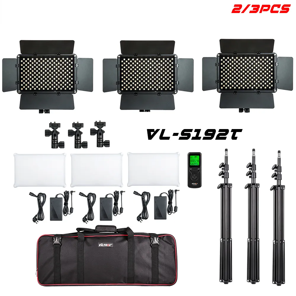 Vente en gros 2 / 3pcs Kit VL-S192T LED Video Light Bi-color Dimmable Wireless remote Panel Lighting Light Stand pour studio shooting Kit